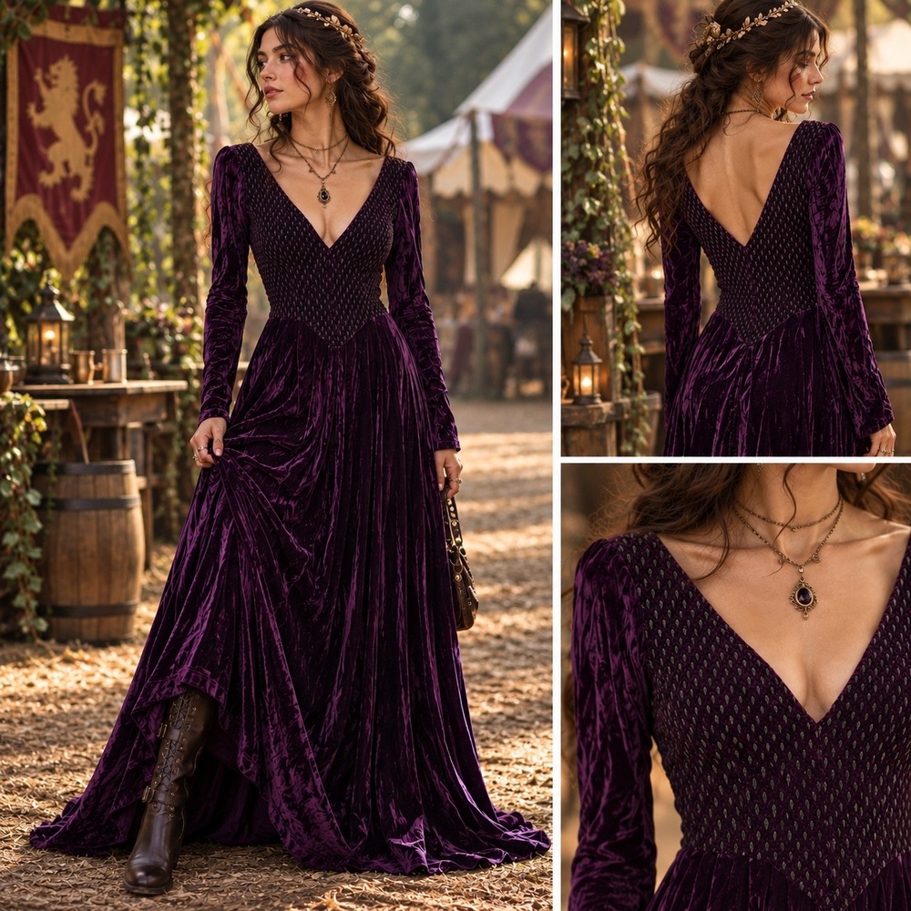 Bruno Duluc Vintage Purple Stretch Velvet Maxi Dress V-Neck Small Ren Faire LARP